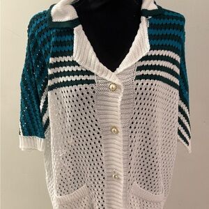 Women's Colorblock Striped Hollow Out Crochet Cardigan Button Down Sweater